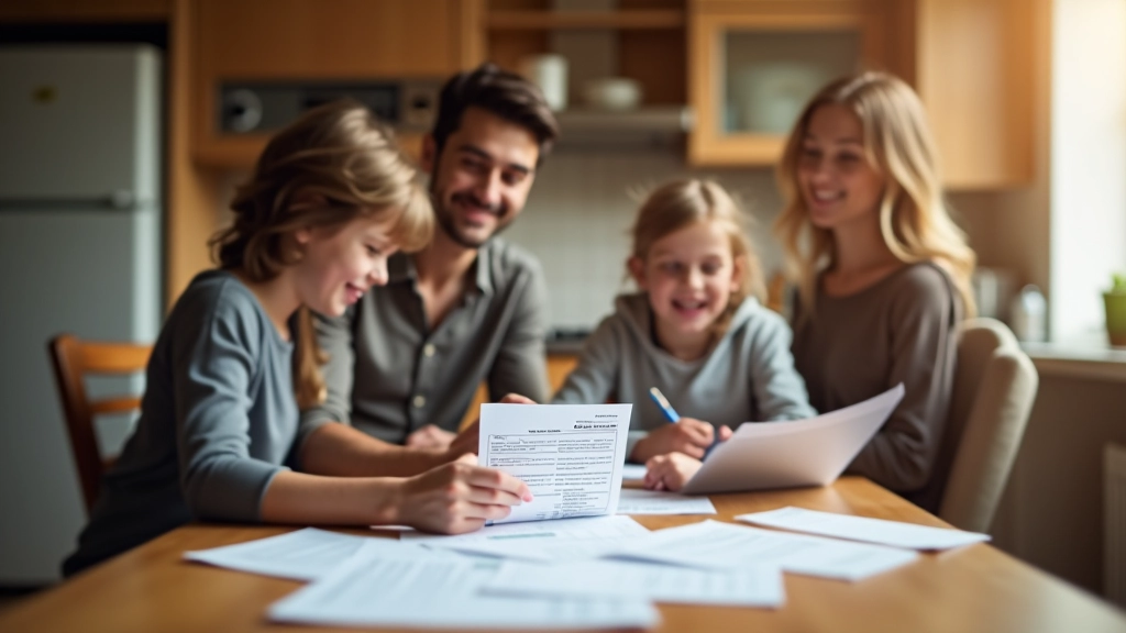 Rodina sedící u kuchyňského stolu s účtenkami a rozpočtem