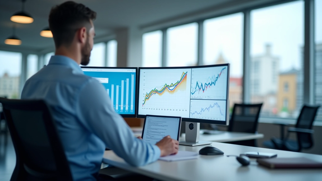 Moderní kancelářský prostor s grafy inflace a analýzou cenových indexů na obrazovkách