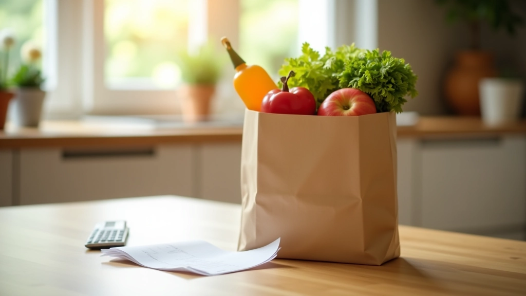 Nákupní taška s potravinami na kuchyňském stole vedle účtenky a kalkulačky